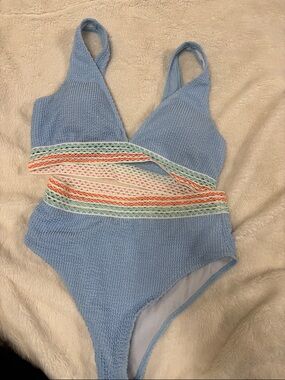 Light Blue Textured One-Piece Swimsuit with Multicolor Trim